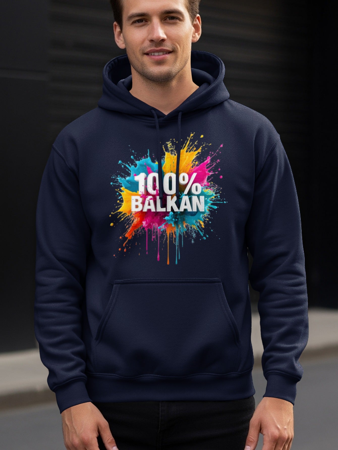 100% BALKAN Colorful Paint Splatter Dark Blue Hoodie product type