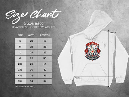 Gildan 18500 heavy blend hooded sweatshirt size chart with measurements from S to 5XL alongside a white hoodie.