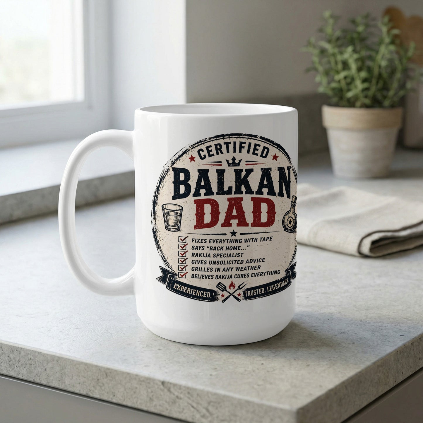 White ceramic mug with "Certified Balkan Dad" text and humorous descriptions.