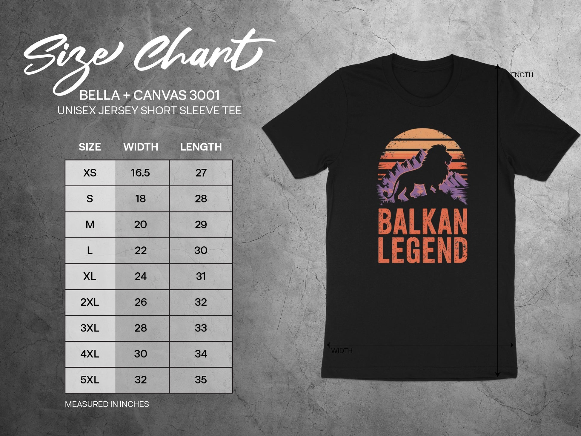 T-shirt size chart for Bella + Canvas 3001 unisex tee with Balkan Legend graphic.