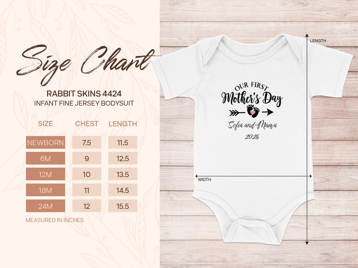 Rabbit Skins 4424 infant bodysuit size chart with chest and length measurements.