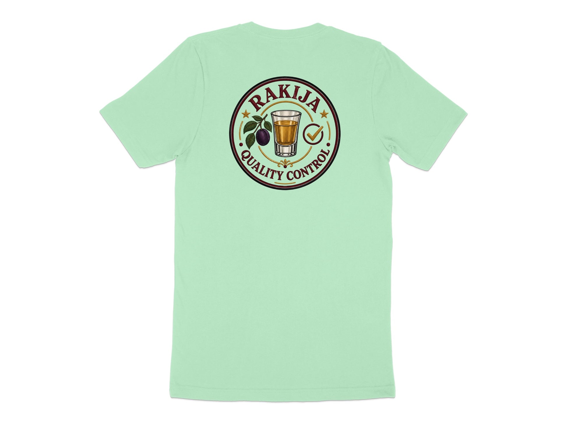 T-shirt with "Rakija Quality Control" circular logo featuring a glass of amber liquid.