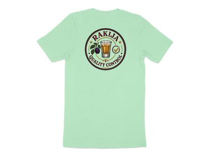 T-shirt with "Rakija Quality Control" circular logo featuring a glass of amber liquid.