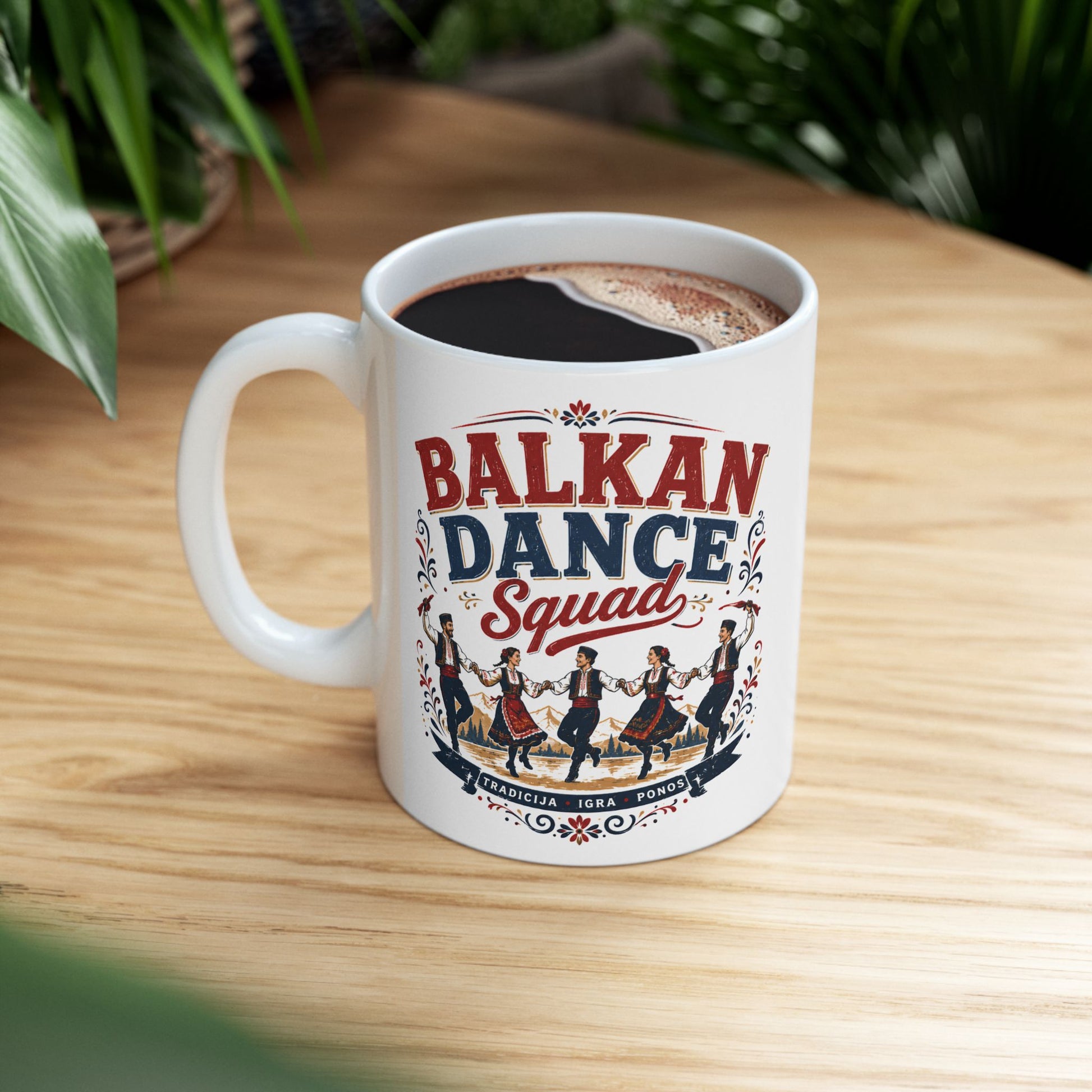 White mug with "BALKAN DANCE SQUAD" and dancers in traditional clothing.