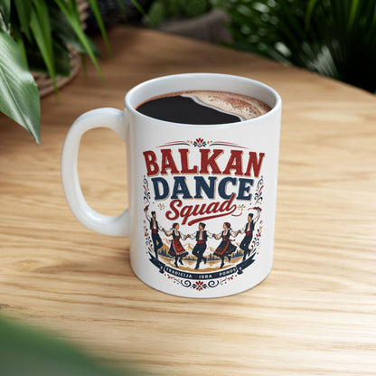 White mug with "BALKAN DANCE SQUAD" and dancers in traditional clothing.