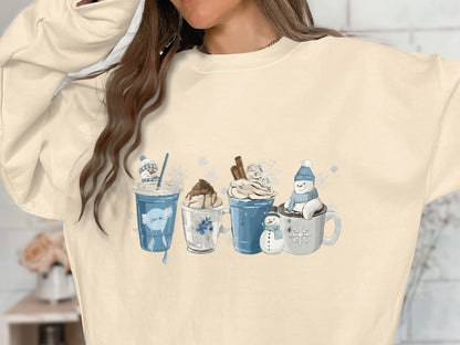 Festive winter treats and snowman mug graphic sweatshirt