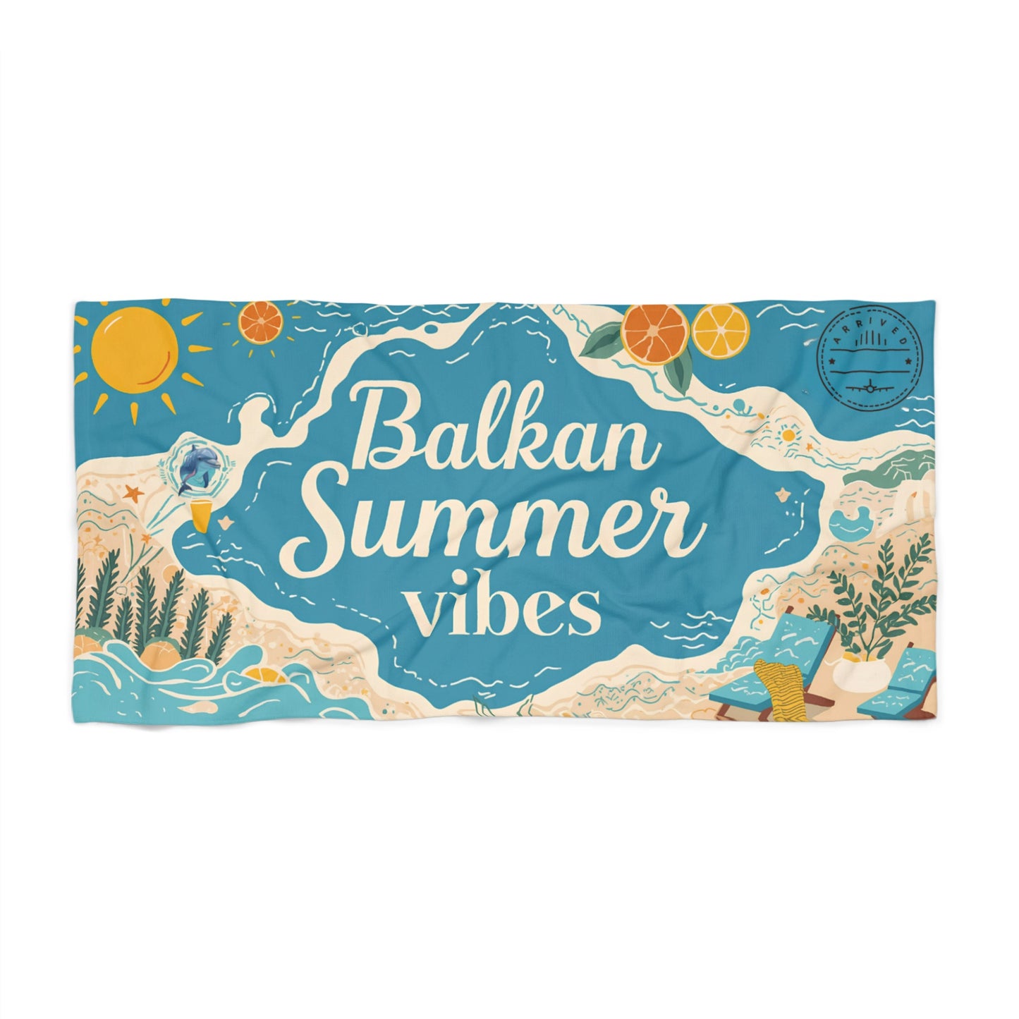Balkan Summer vibes towel with sun, oranges, ocean, and lounge chairs.