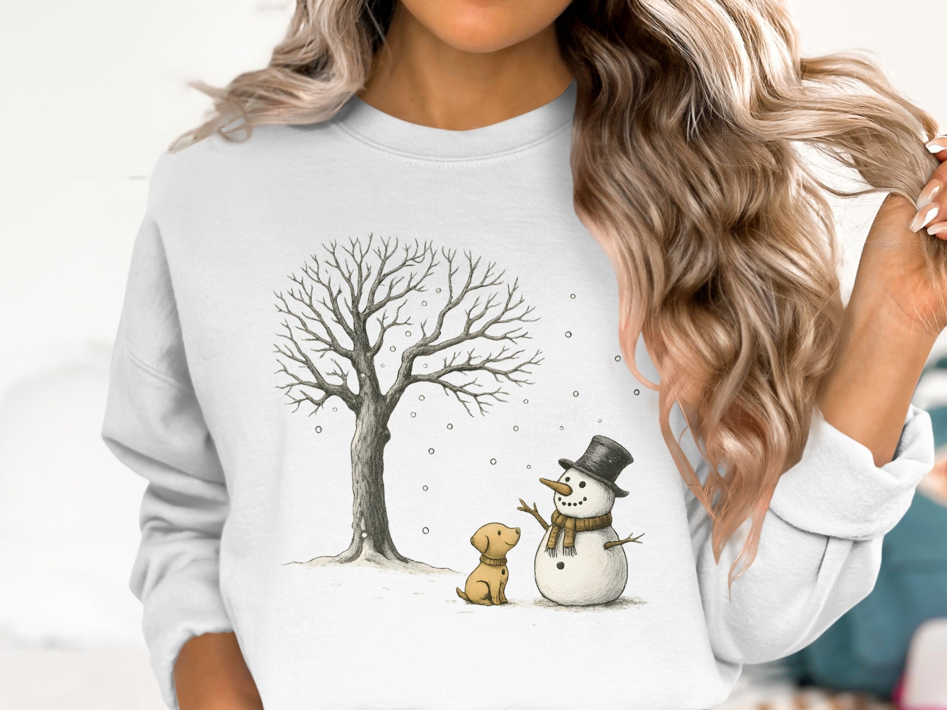 Snowman and Dog by Tree Design Sweatshirt