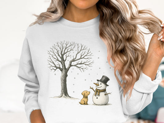 Snowman and Dog by Tree Design Sweatshirt