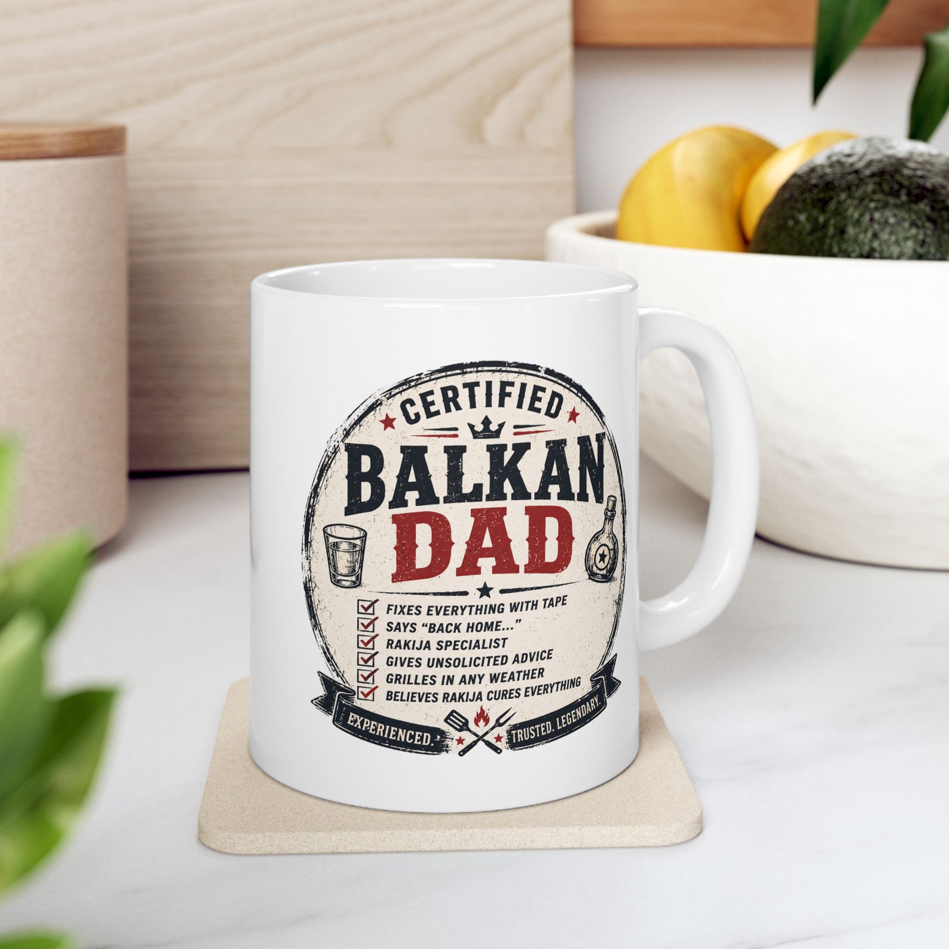 Certified Balkan Dad mug with humorous qualifications listed.