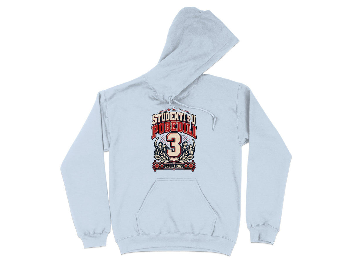 A light blue hooded sweatshirt features a centered graphic with the text "STUDENTI SU POBEDILI 3" and "SRBIJA 2026."