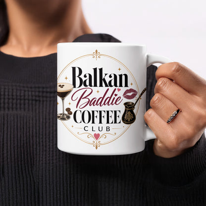 White mug with "Balkan Baddie Coffee Club" text, martini glass, and cezve.