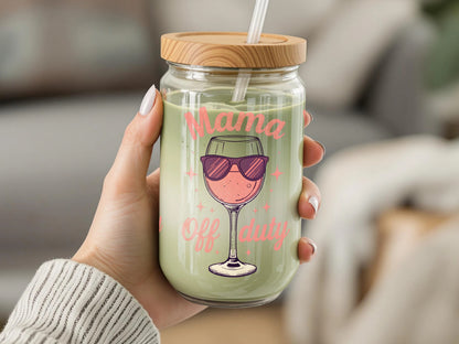 Mama Off Duty Glass Jar with Bamboo Lid and Straw