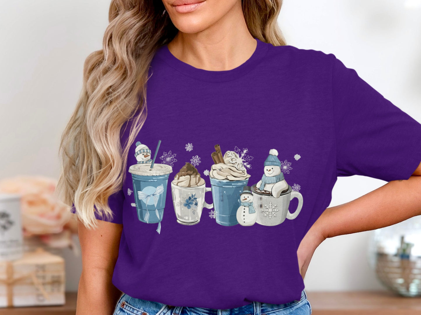 Purple Shirt with Cute Snowman Hot Drinks Design