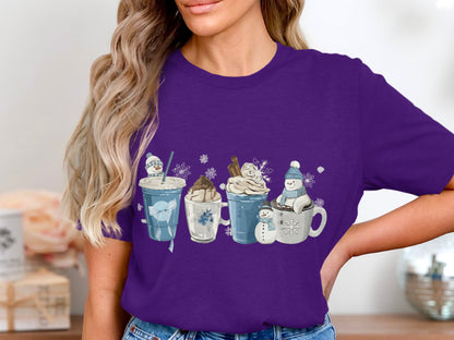Purple Shirt with Cute Snowman Hot Drinks Design