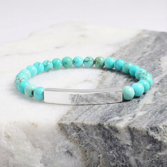Turquoise beaded bracelet with silver bar engraved "Mama".
