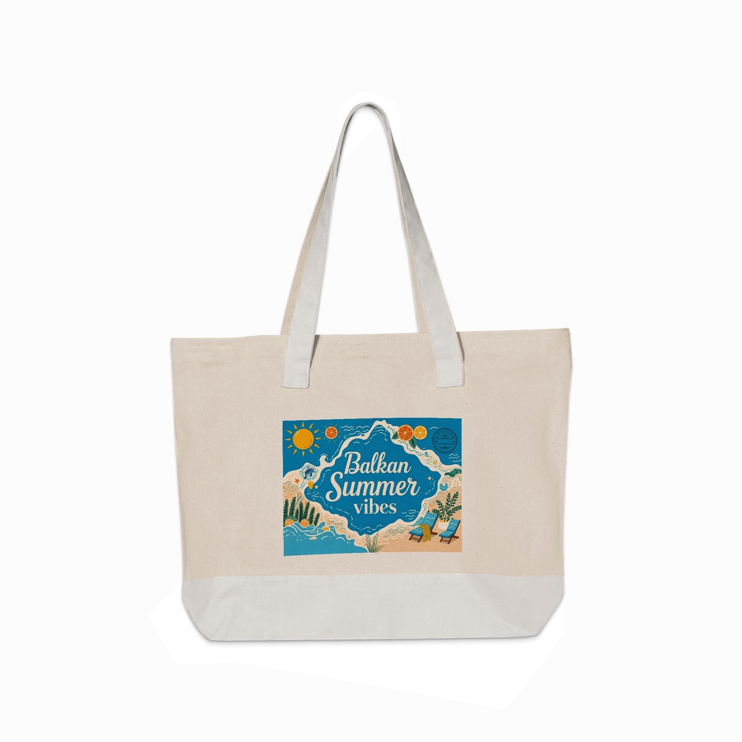 Canvas tote bag with "Balkan Summer Vibes" text and beach scene.