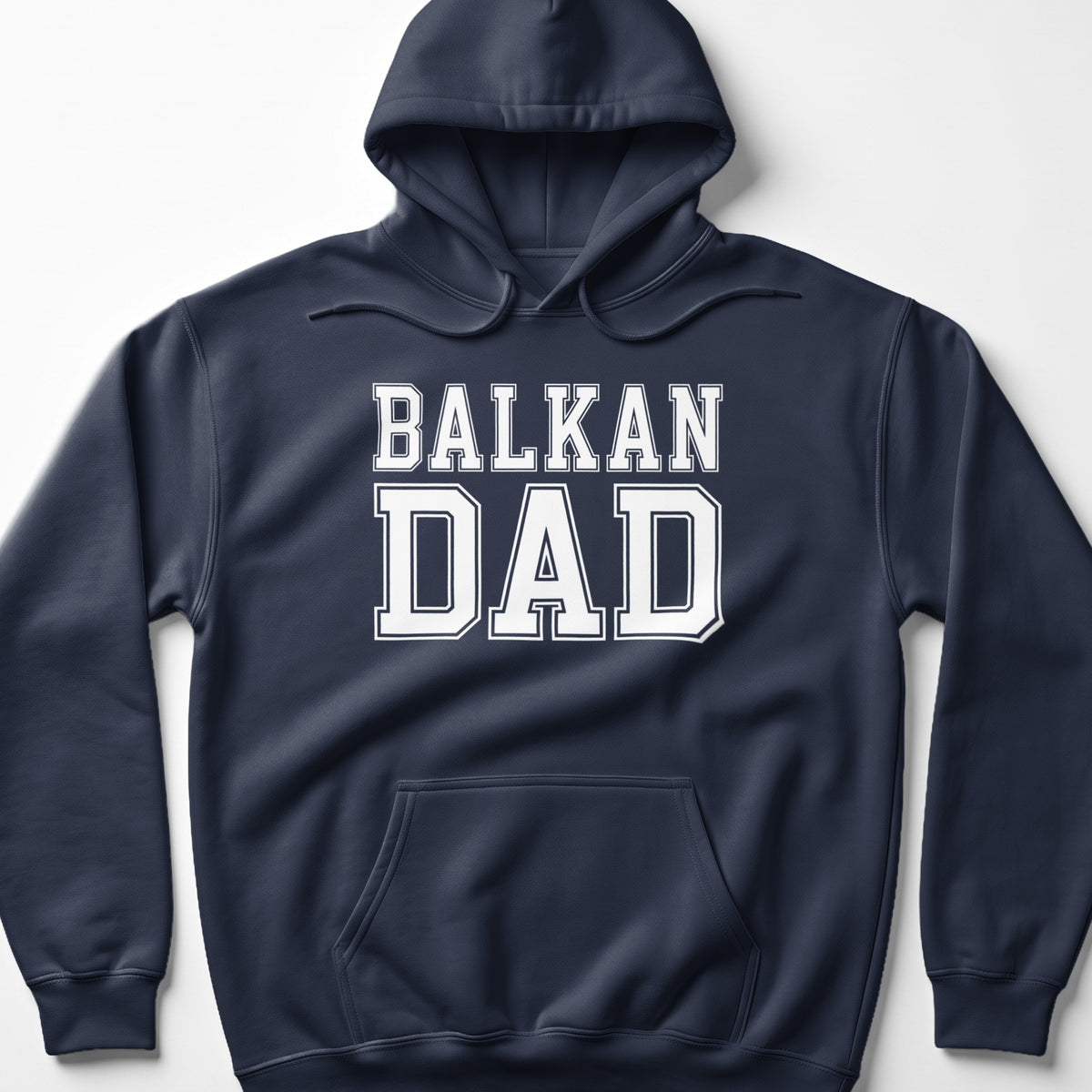 Navy blue hooded sweatshirt with "BALKAN DAD" text in white.