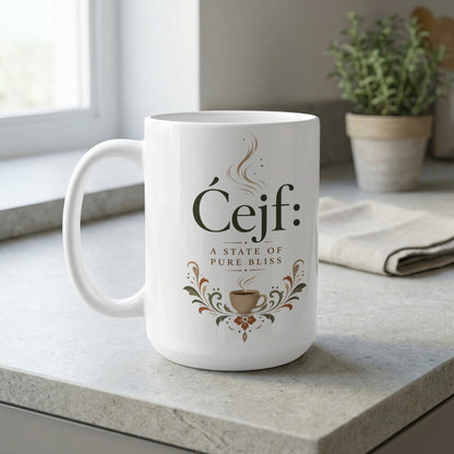 White mug with "Čeif: A state of pure bliss" and coffee cup design.