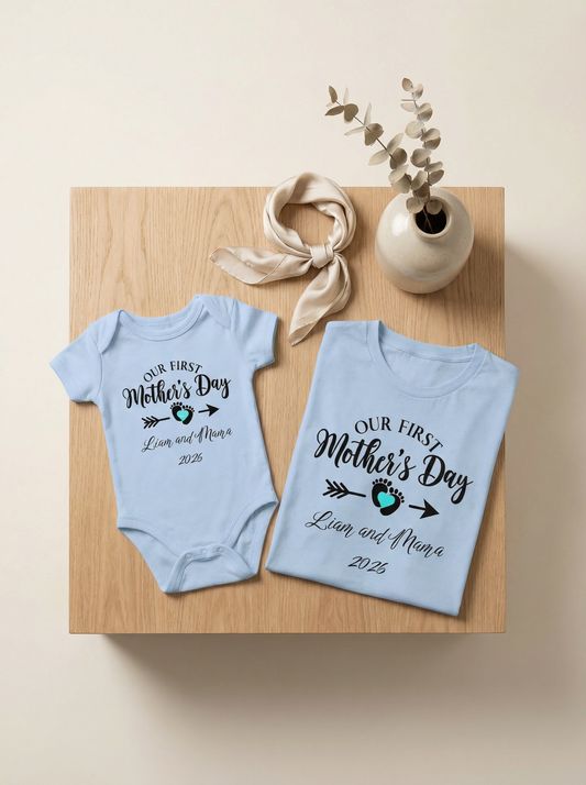Our First Mothers Day Baby Boy and Mama 2026 Custom T-shirts and Onesie