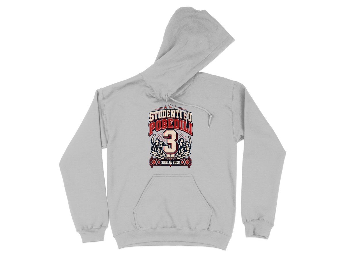 Light gray hooded sweatshirt with a red and blue graphic featuring the number three and text reading STUDENTI SU POBEDILI SRBIJA 2026.