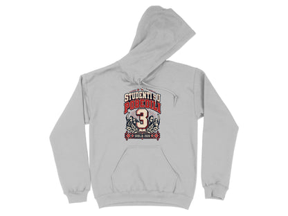 Light gray hooded sweatshirt with a red and blue graphic featuring the number three and text reading STUDENTI SU POBEDILI SRBIJA 2026.
