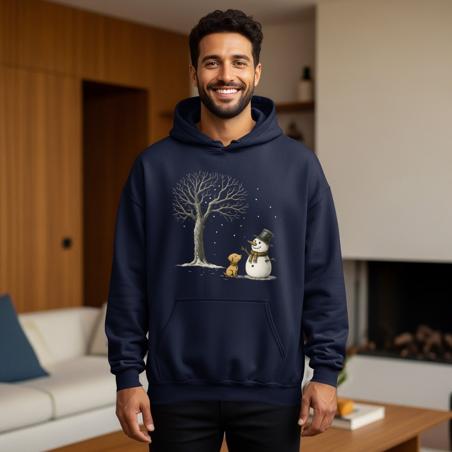 Snowman and Tree Winter Scene Men's Hoodie