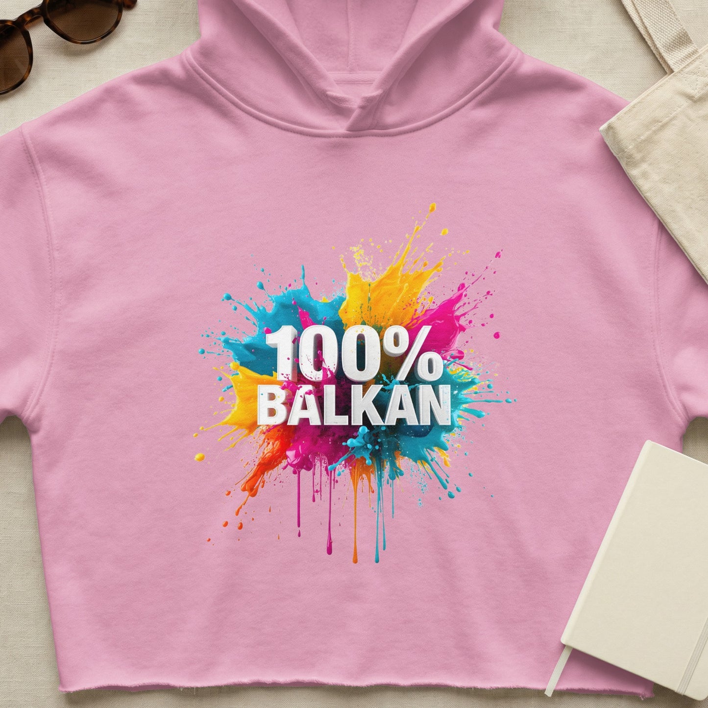 100% Balkan Paint Splatter Pink Crop Hoodie product type