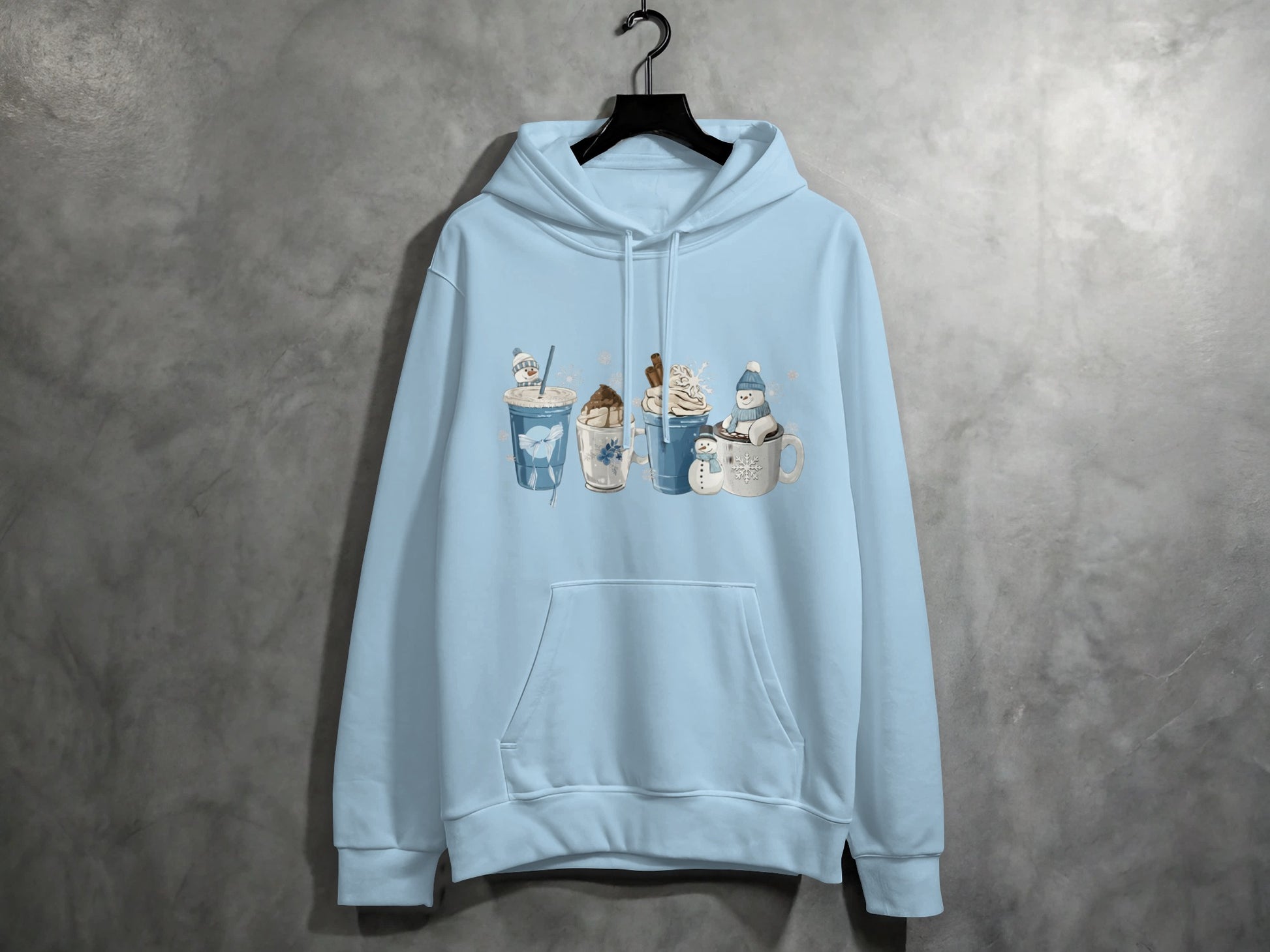 Cozy Hot Beverage Designs on a Light Blue Hoodie