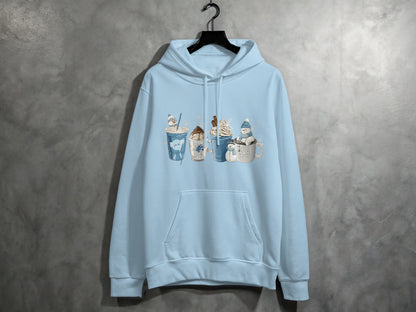 Cozy Hot Beverage Designs on a Light Blue Hoodie