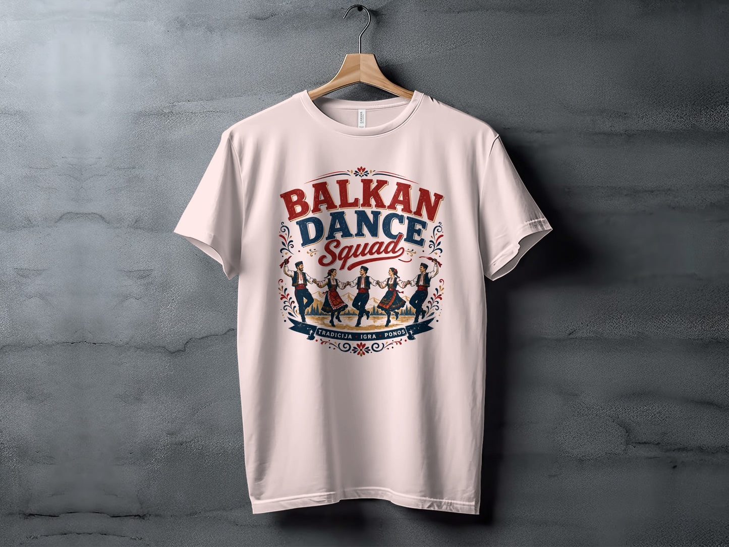 T-shirt with "BALKAN DANCE SQUAD" text and a circle of people dancing.