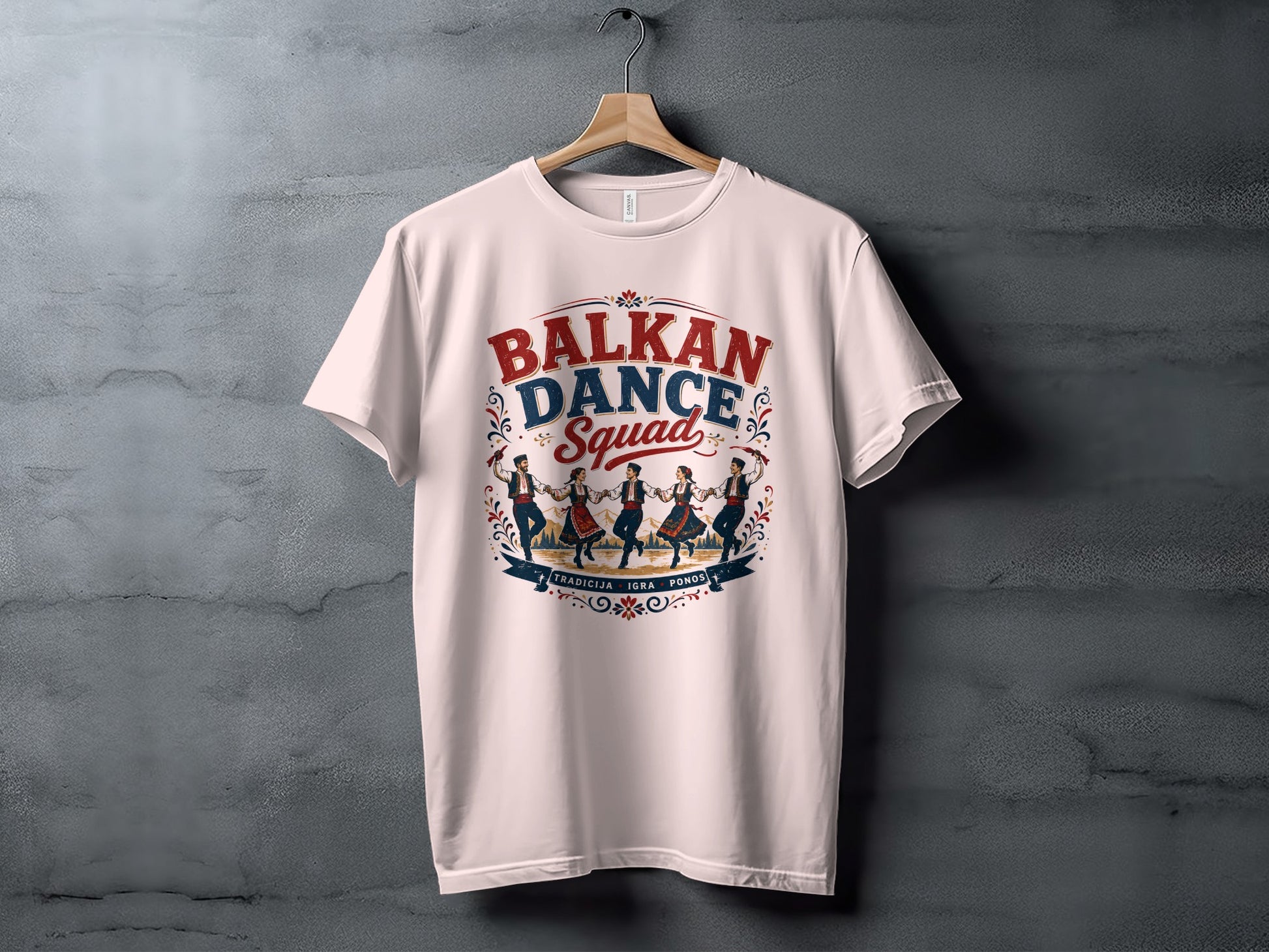 T-shirt with "BALKAN DANCE SQUAD" text and a circle of people dancing.