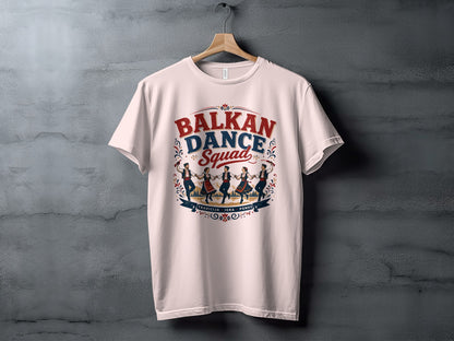 T-shirt with "BALKAN DANCE SQUAD" text and a circle of people dancing.