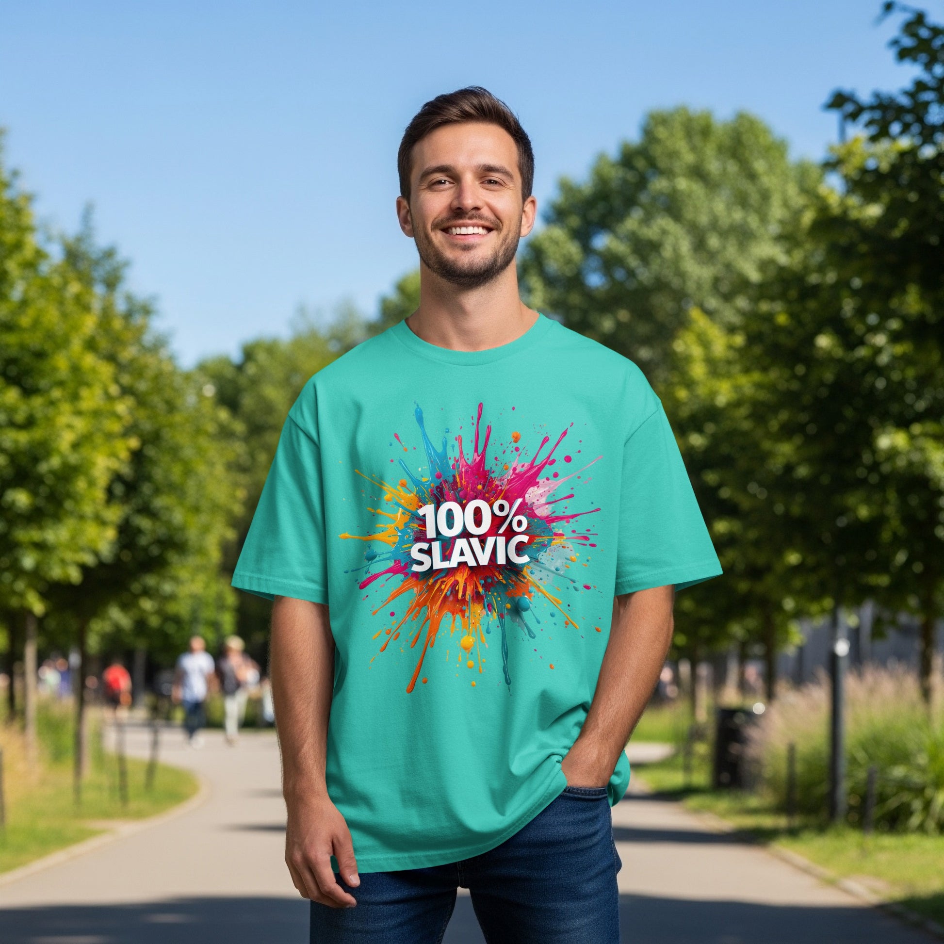 100% Slavic Colorful Paint Splash Design Teal T-shirt