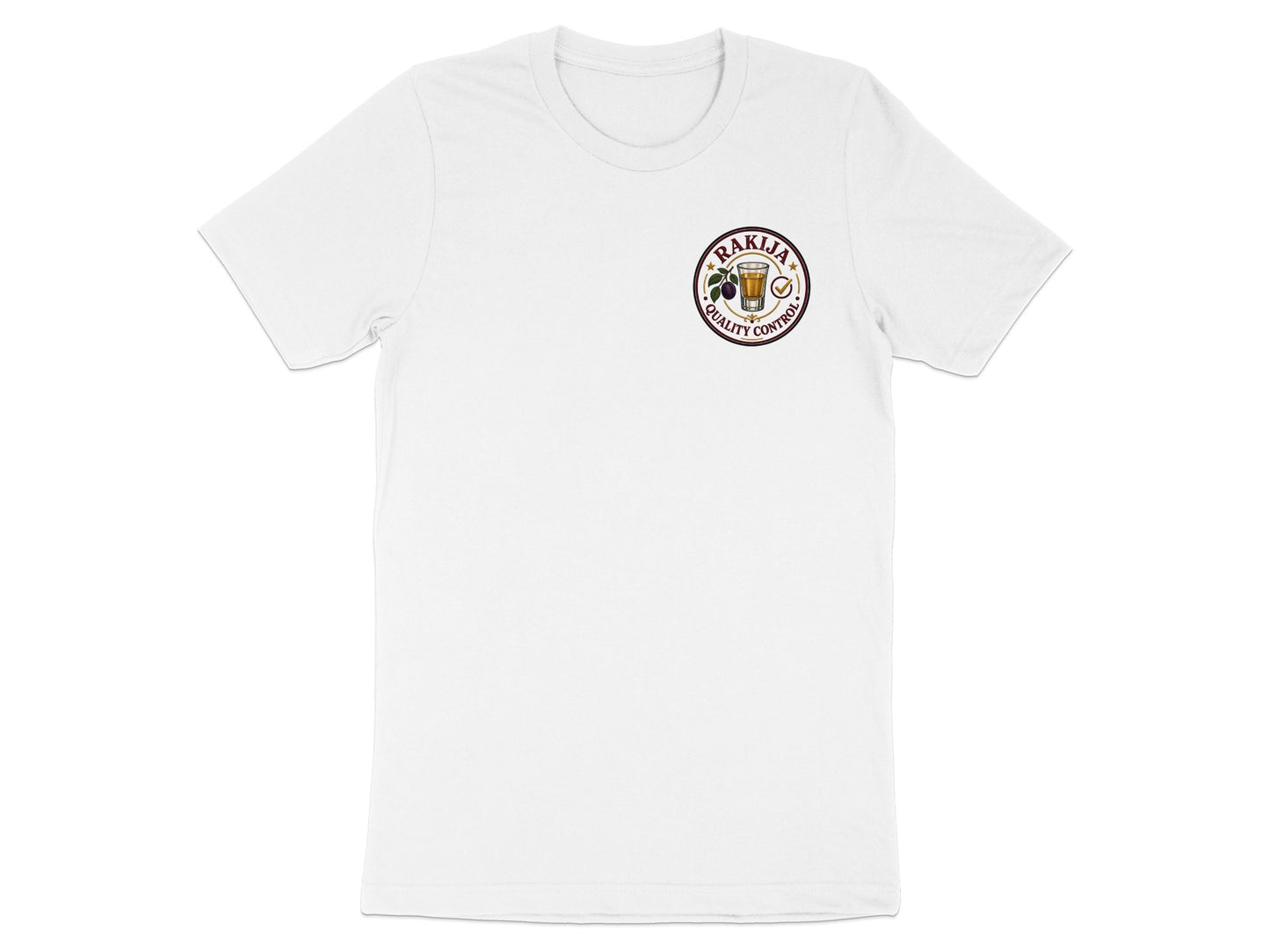 White t-shirt with circular logo reading "Rakija Quality Control".