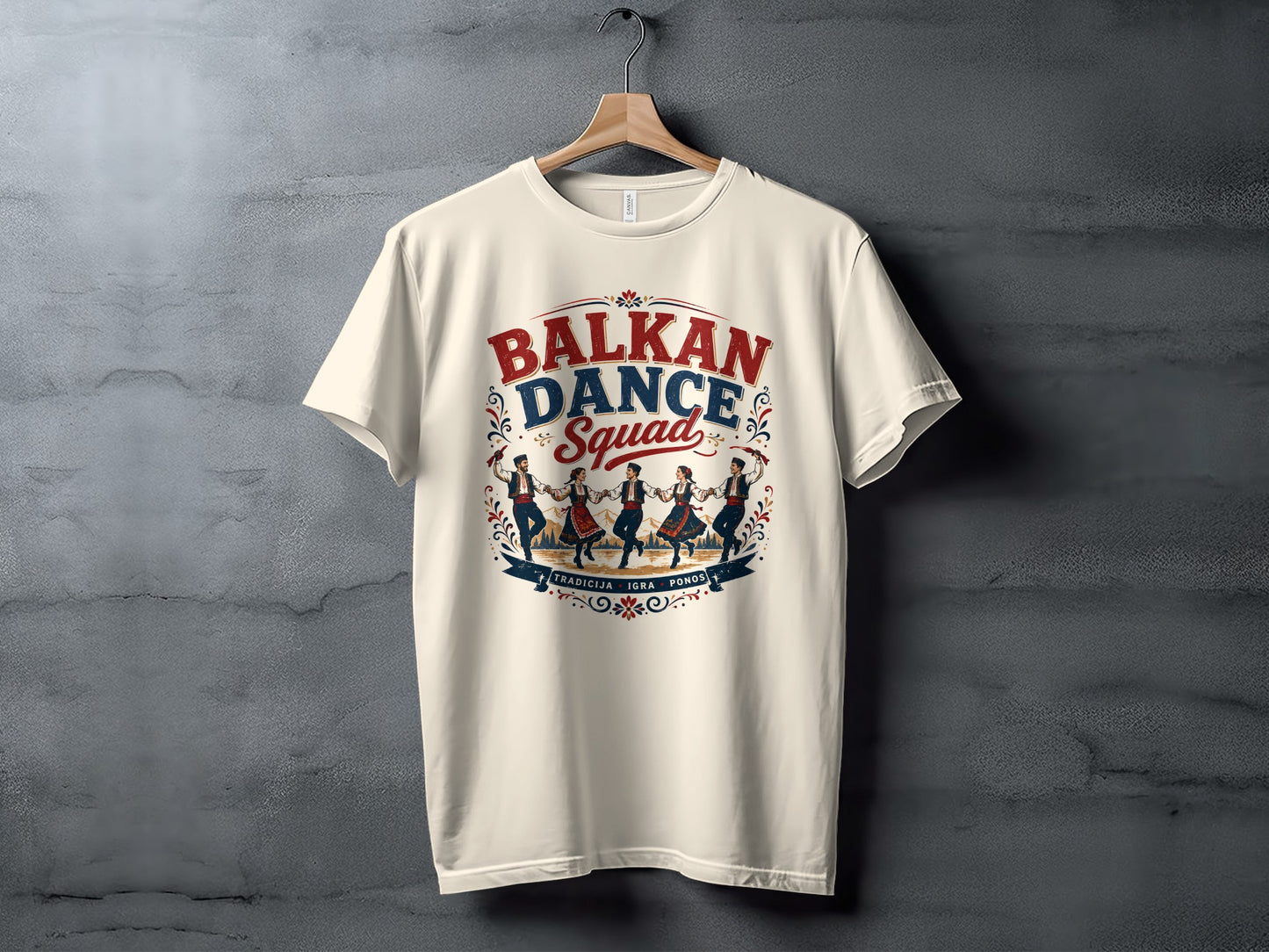 Cream t-shirt with "Balkan Dance Squad" and folk dancers design.