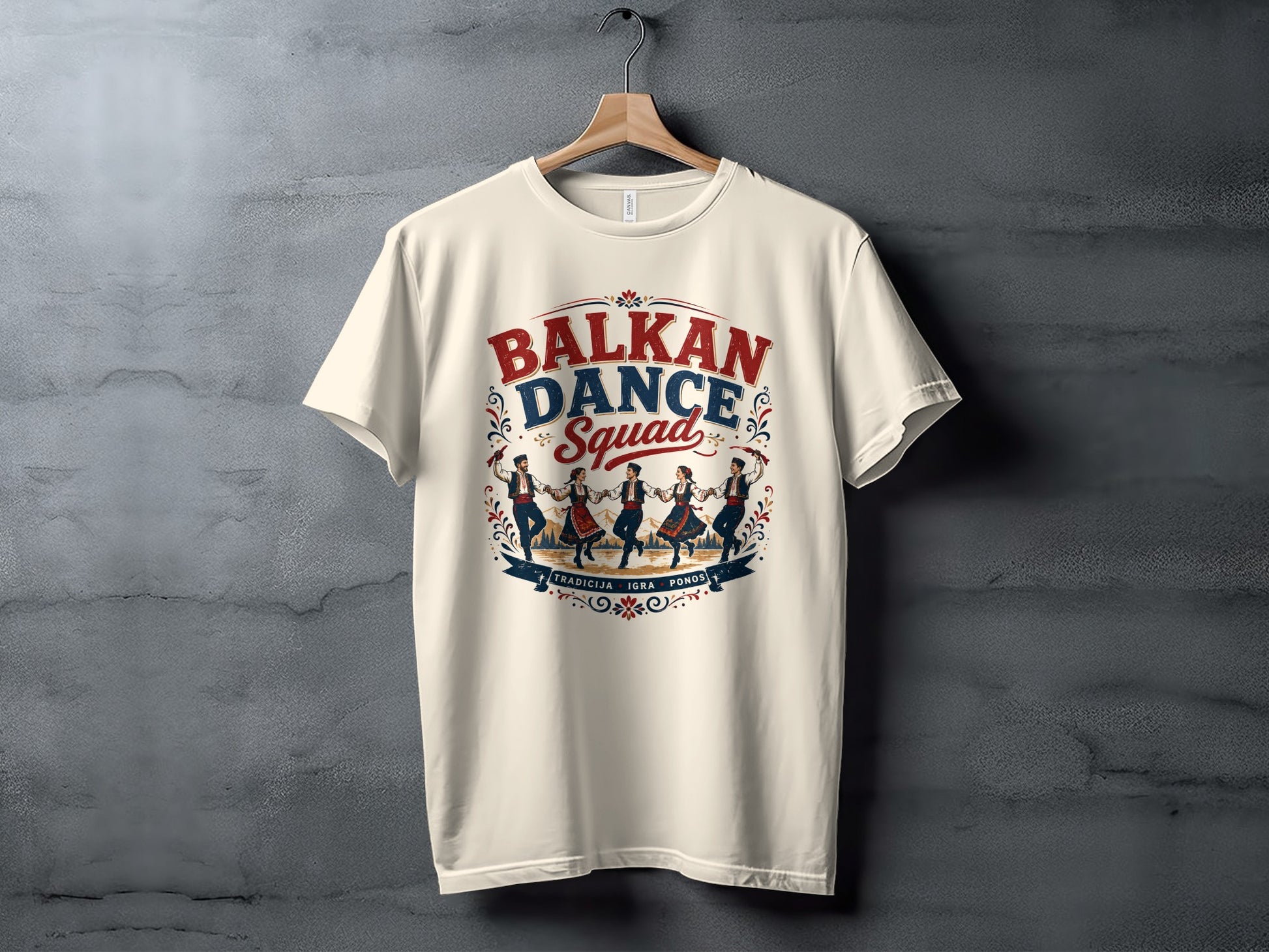 Cream t-shirt with "Balkan Dance Squad" and folk dancers design.