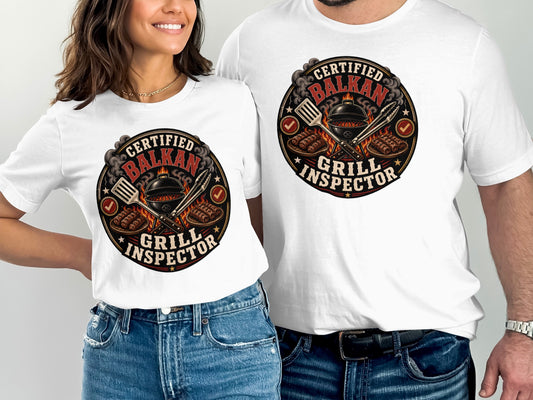 White t-shirts featuring "Certified Balkan Grill Inspector" circular graphic.