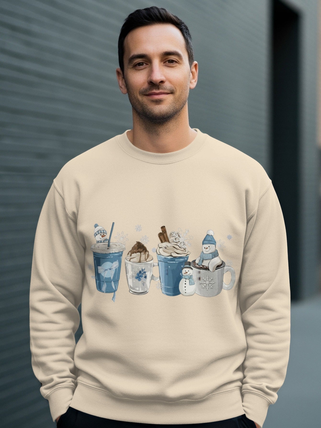 Cozy Winter-Themed Sweatshirt with Hot Drinks Print