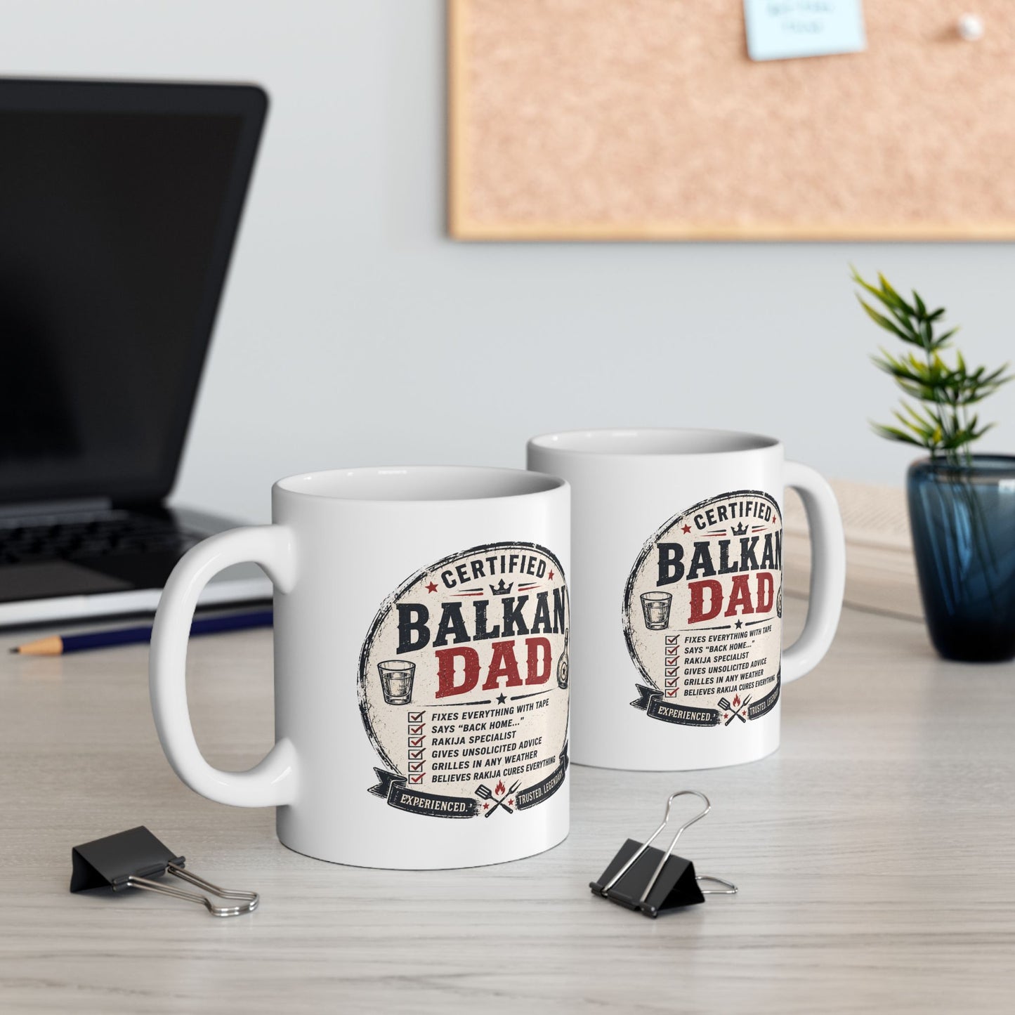 Certified Balkan Dad mug with humorous text about dad fixes.