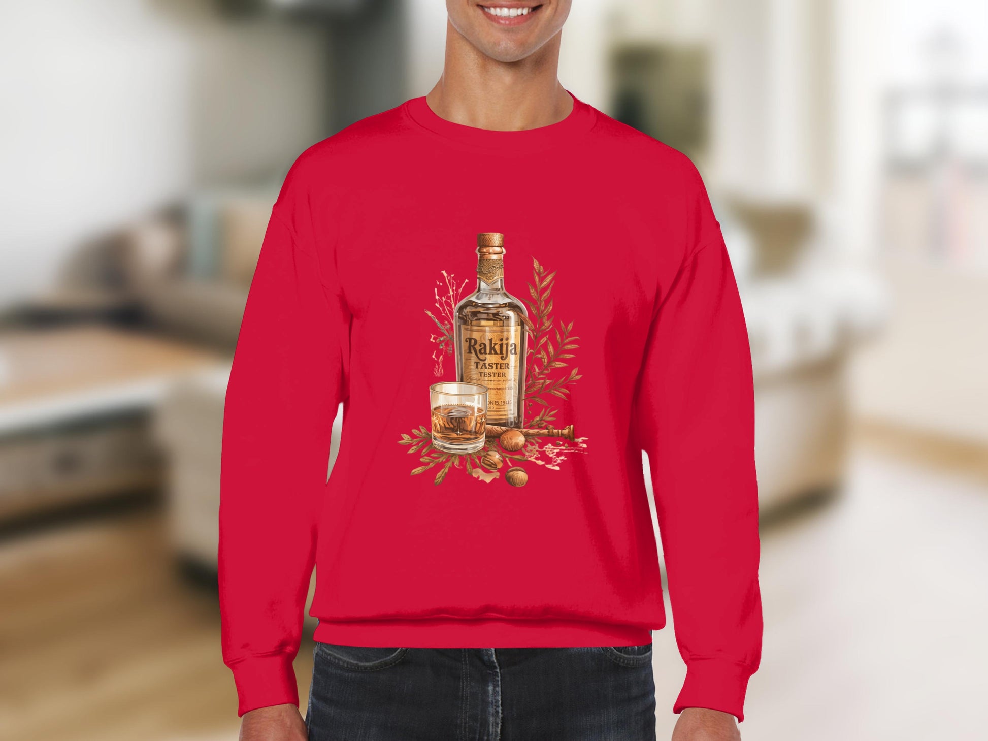 Rakija Bottle and Glass Design on Red Sweatshirt product