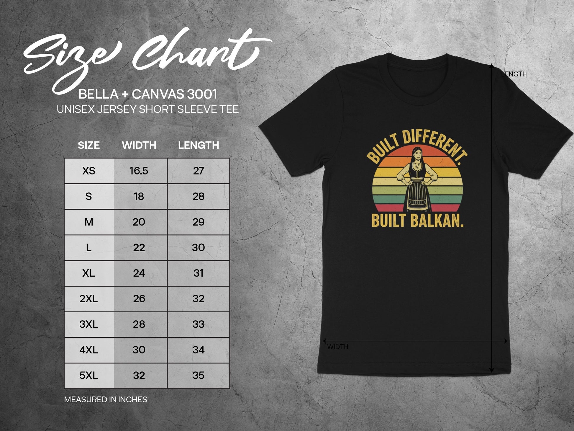 Size chart for Bella+Canvas 3001 unisex t-shirt with size, width, and length.