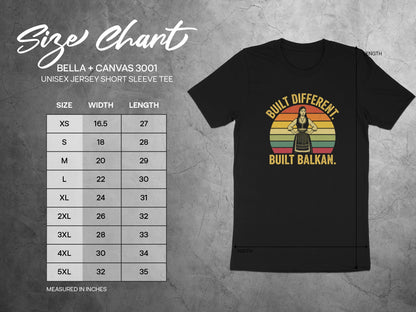 Size chart for Bella+Canvas 3001 unisex t-shirt with size, width, and length.