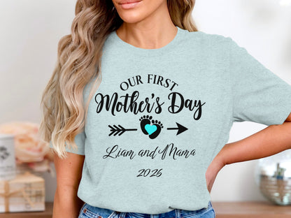 Our First Mother's Day Liam and Mama 2026 light blue t-shirt.