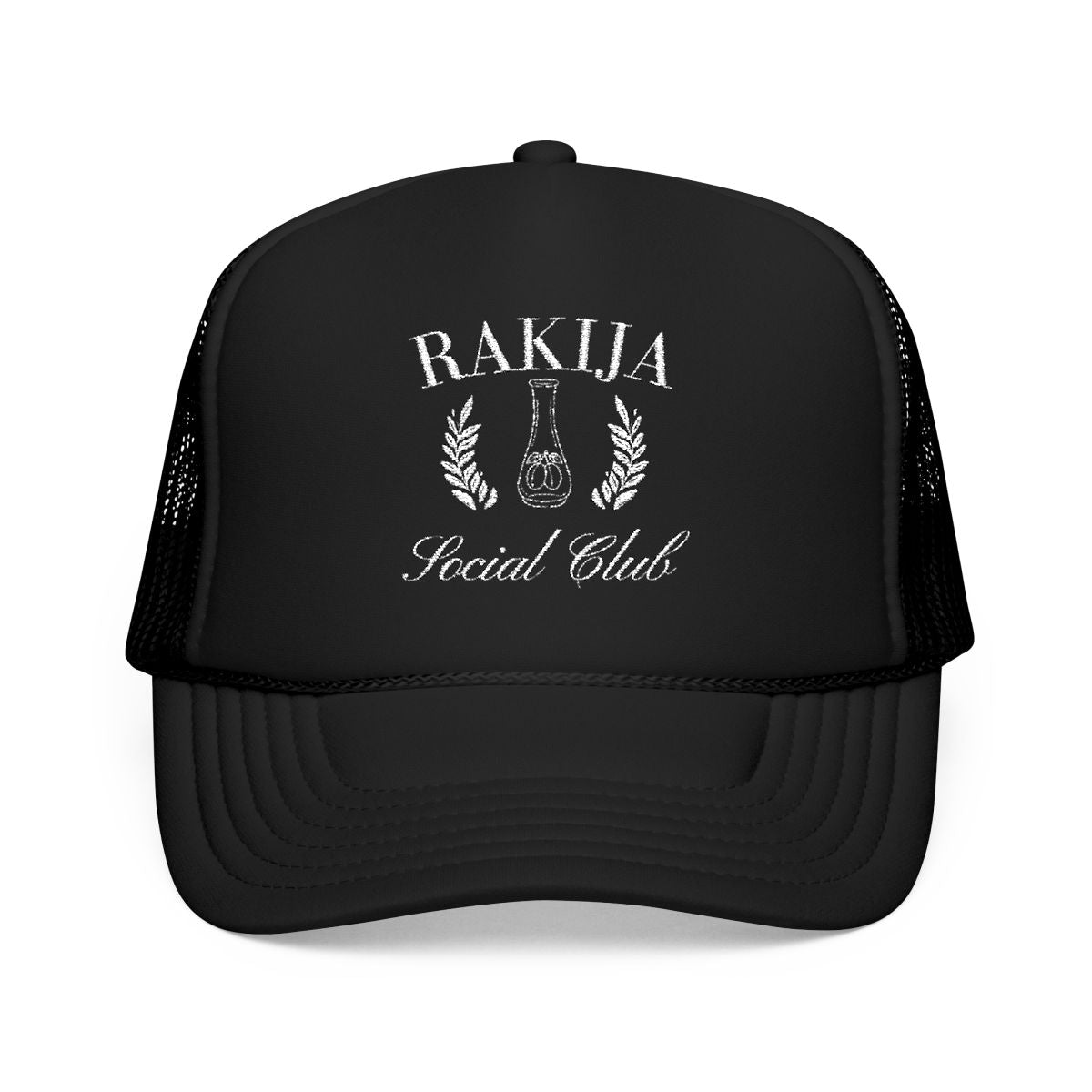 Rakija Social Club Black Trucker Hat with White Print