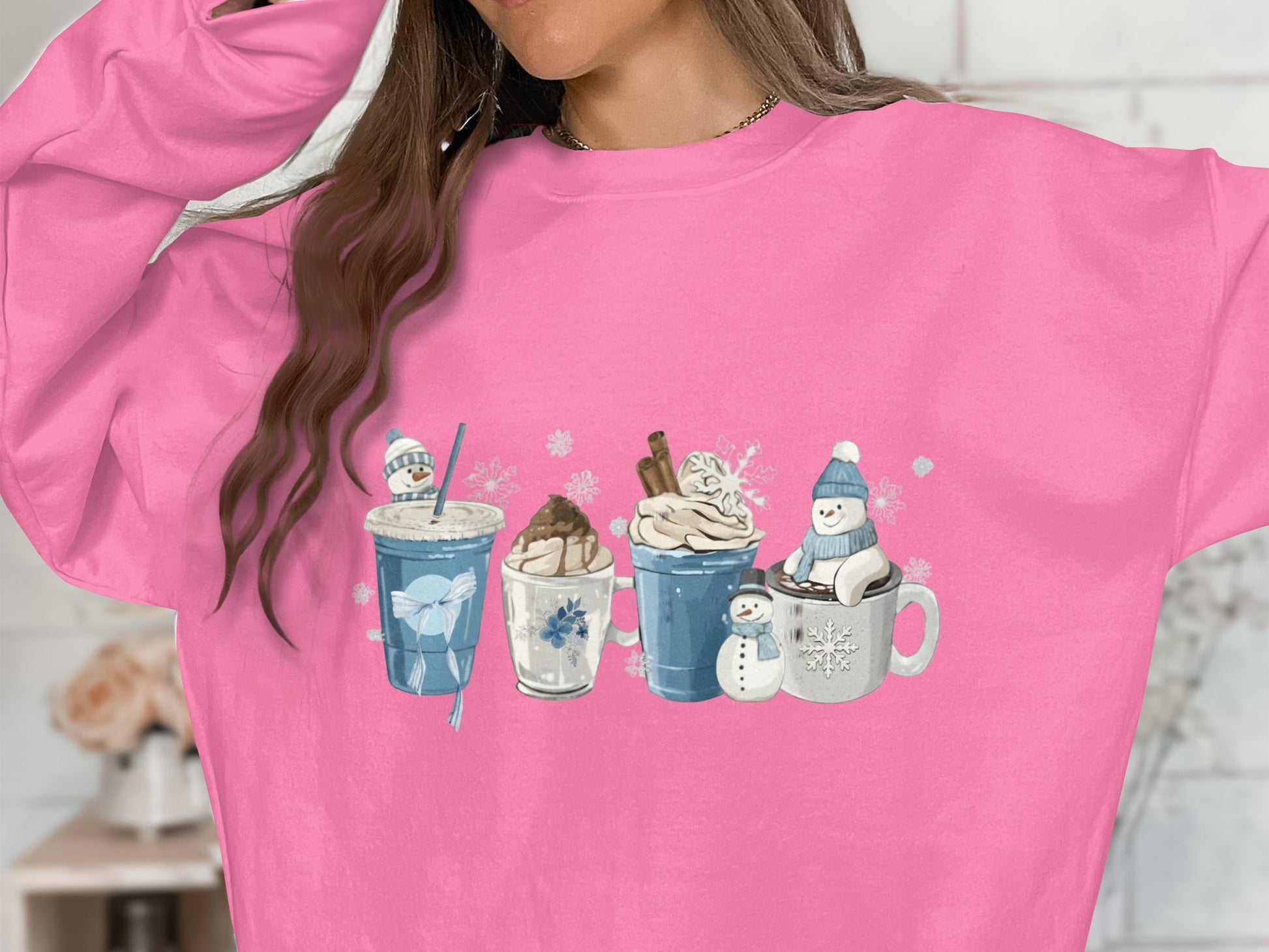 Cute Snowman and Winter Treats Pink Pullover Sweater