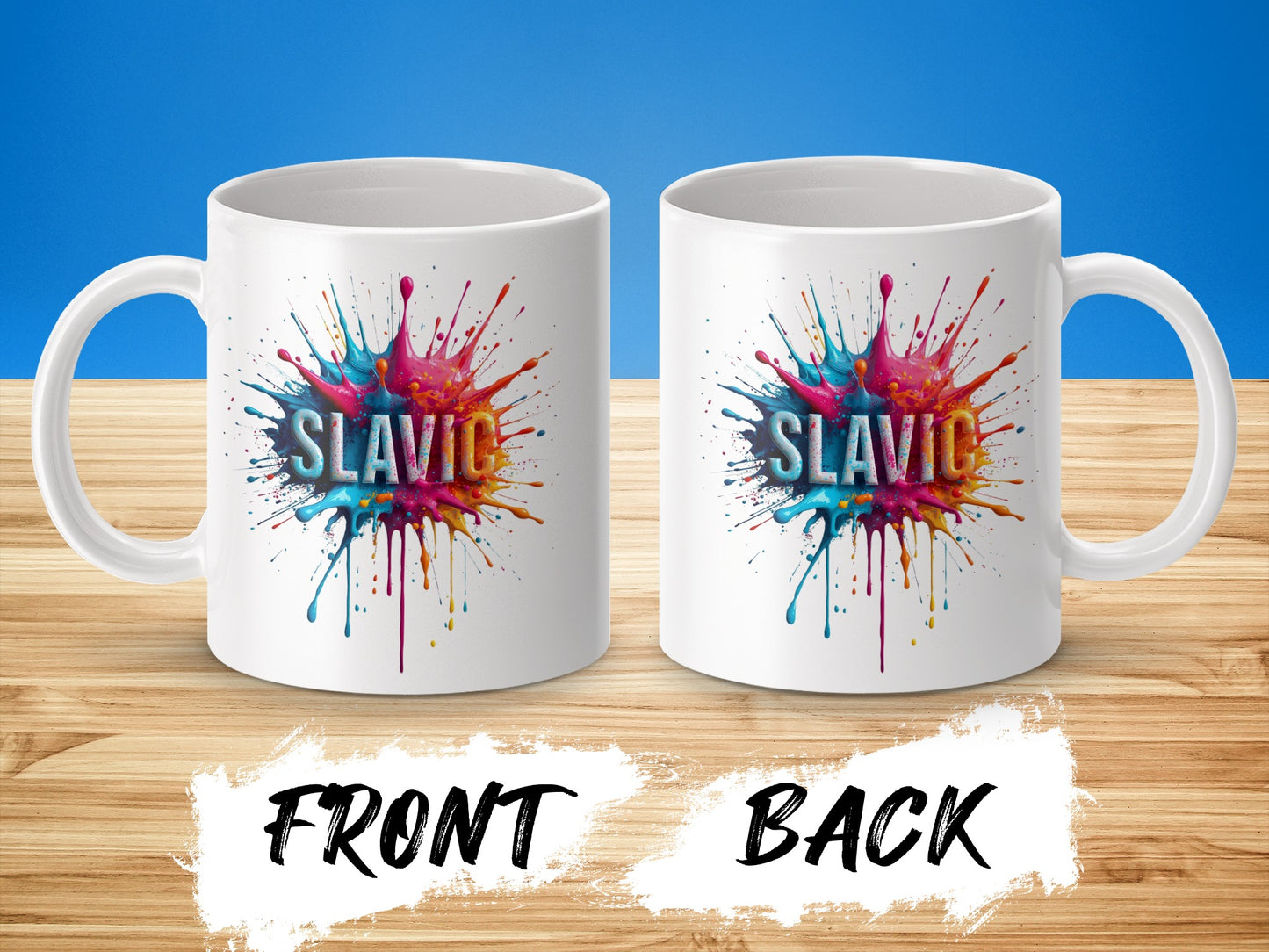 Slavic colorful paint splatter design mug product type
