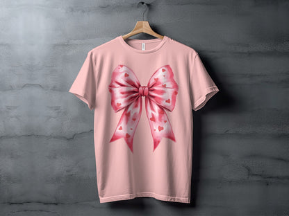 Pink T-Shirt with Large Bow and Hearts Graphic Design