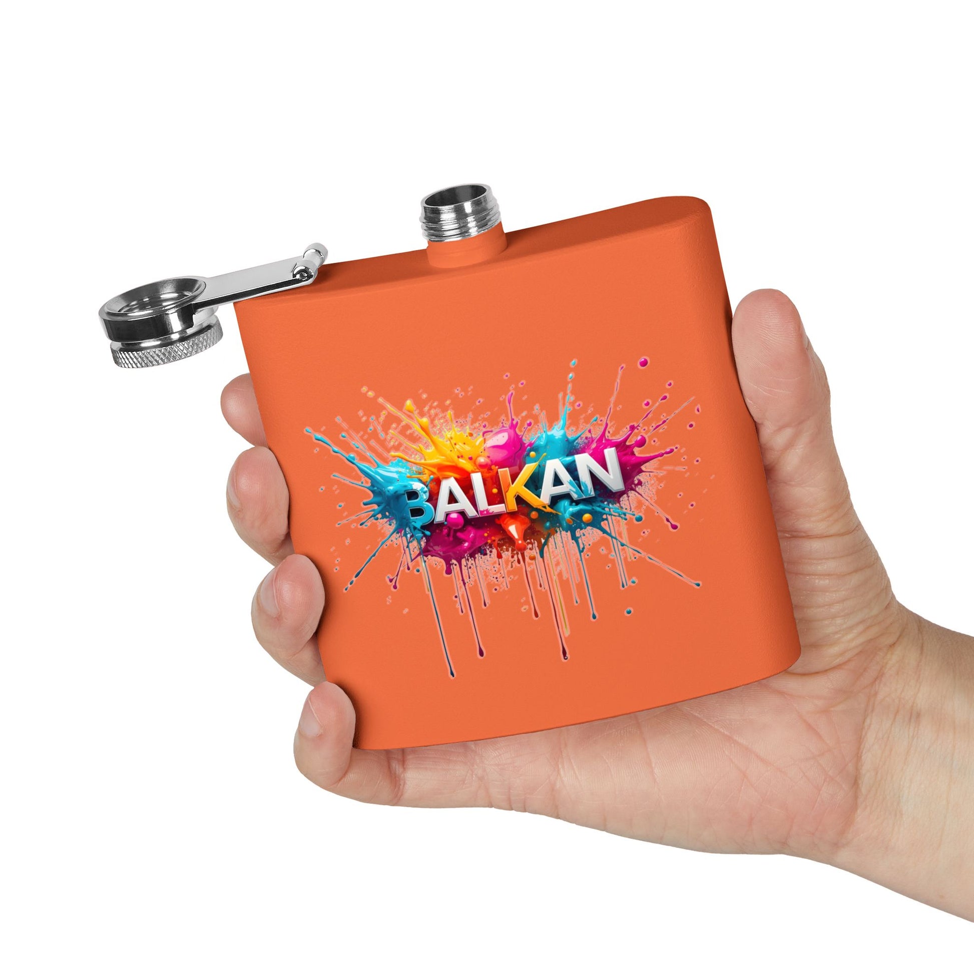 Orange BALKAN Paint Splatter Hip Flask colorful design product type