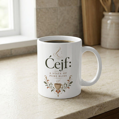 White mug with "Ćejf: A State of Pure Bliss" and coffee art.